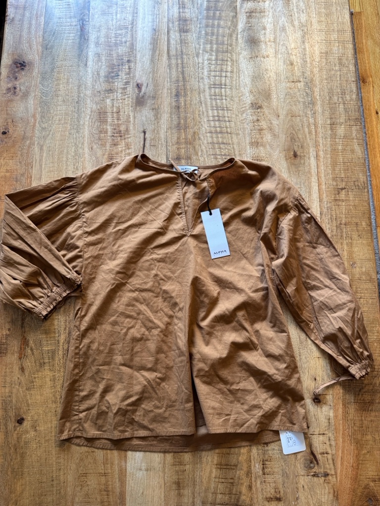 Alpha Studio Long Sleeve Brown Cotton Pullover Puff Sleeve Blouses Top New